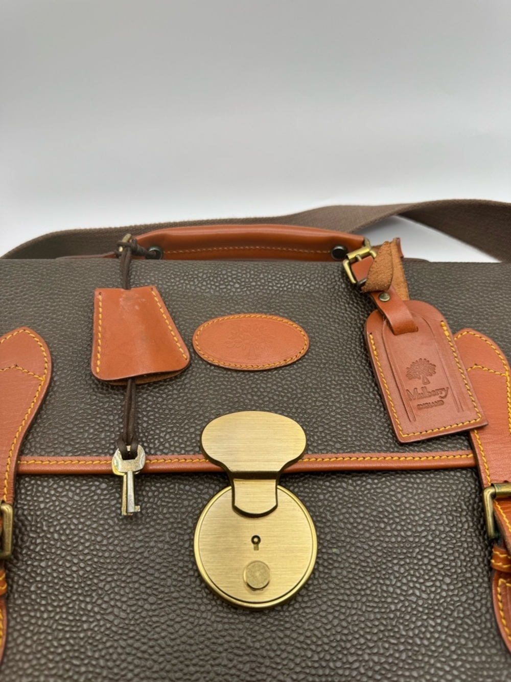 Mulberry England Vintage Scotchgrain Briefcase Satchel | Khaki Brass Lock + Key - Picture 9 of 16